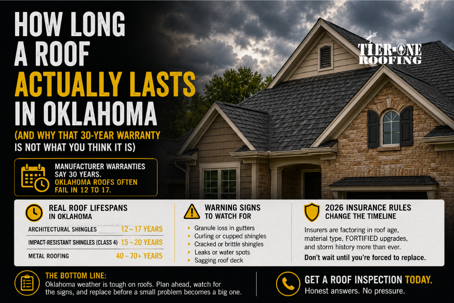 How Long Does a Roof Last in Oklahoma? Real Lifespans, Warning Signs & When to Replace in 2026 | Tier-One Roofing
